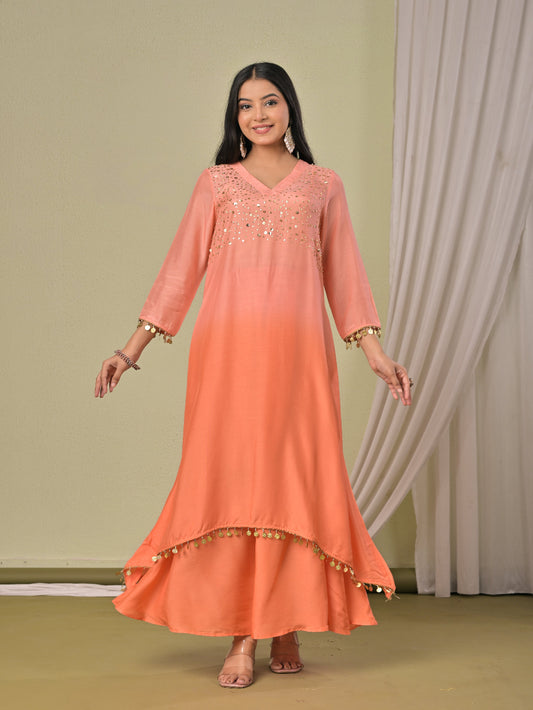 Peach ombre Muslin Silk kurta set