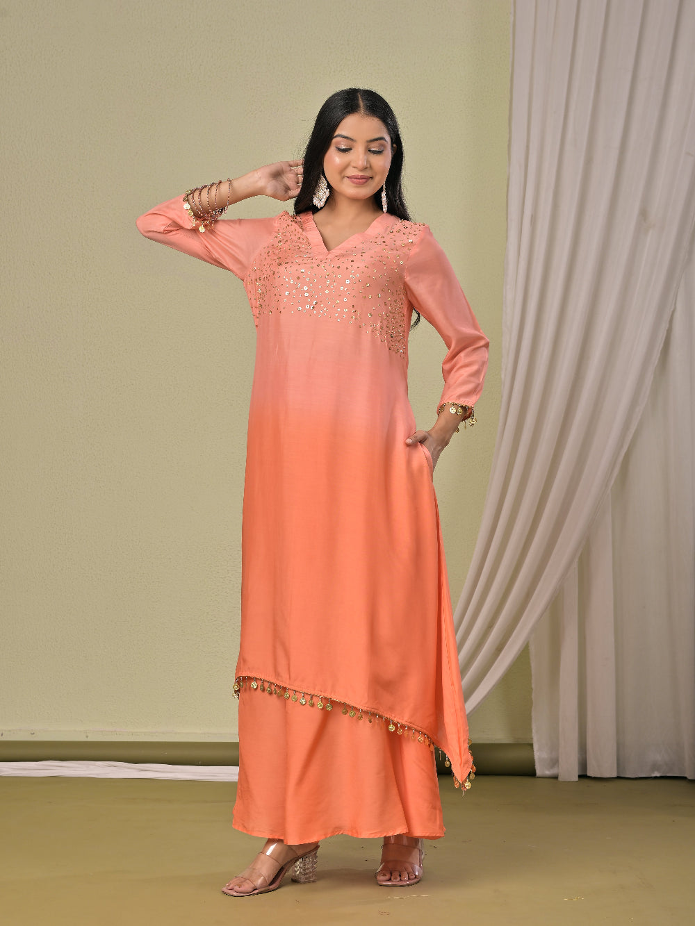 Peach ombre Muslin Silk kurta set