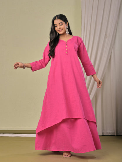 Dull Pink pure cotton double-layer dress. It comes with a long skirt below the ankle and an asymmetric overlay dress on top. It has two pockets