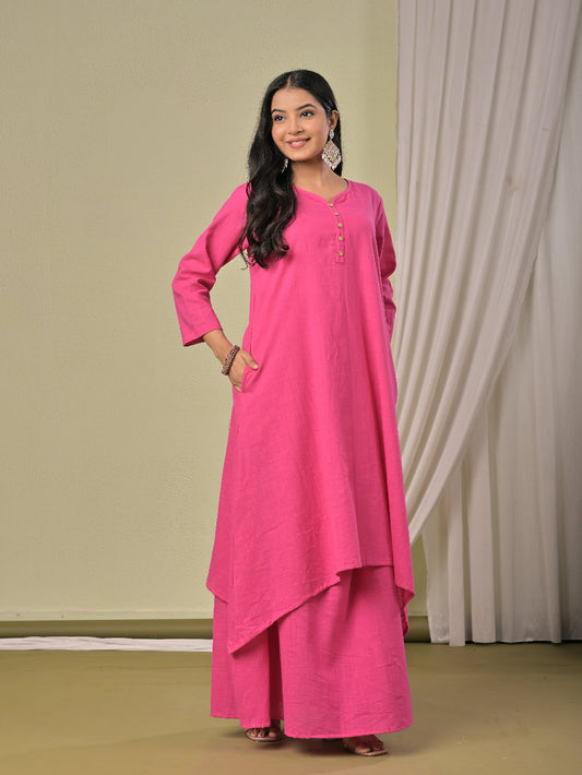 Dull Pink pure cotton double-layer dress. It comes with a long skirt below the ankle and an asymmetric overlay dress on top. It has two pockets