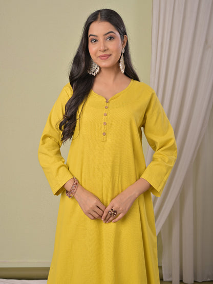 Bright Yellow pure cotton double-layer dress. It comes with a long skirt below the ankle and an asymmetric overlay dress on top. It has two pockets
