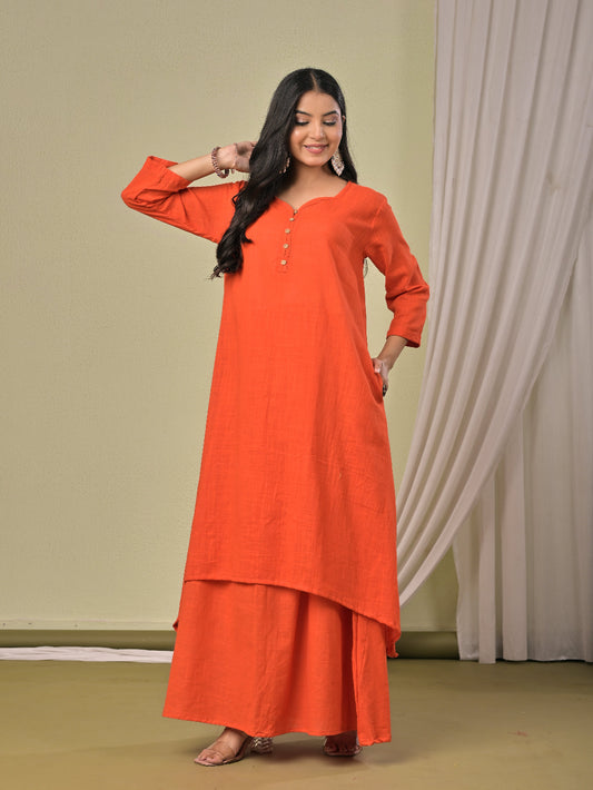 Dull Orange pure cotton double-layer dress. It comes with a long skirt below the ankle and an asymmetric overlay dress on top. It has two pockets