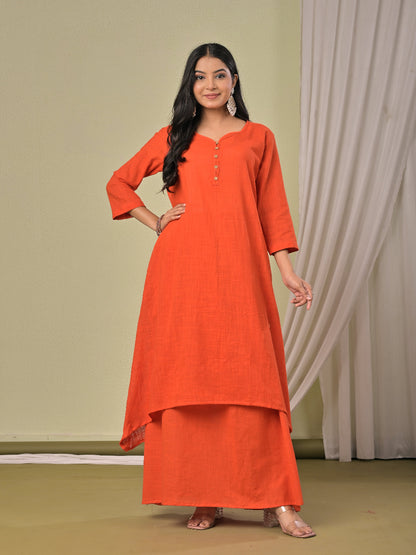 Dull Orange pure cotton double-layer dress. It comes with a long skirt below the ankle and an asymmetric overlay dress on top. It has two pockets