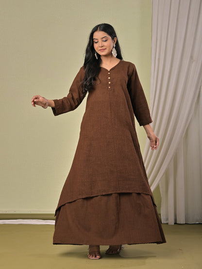 Coffee Brown pure cotton double-layer dress. It comes with a long skirt below the ankle and an asymmetric overlay dress on top. It has two pockets