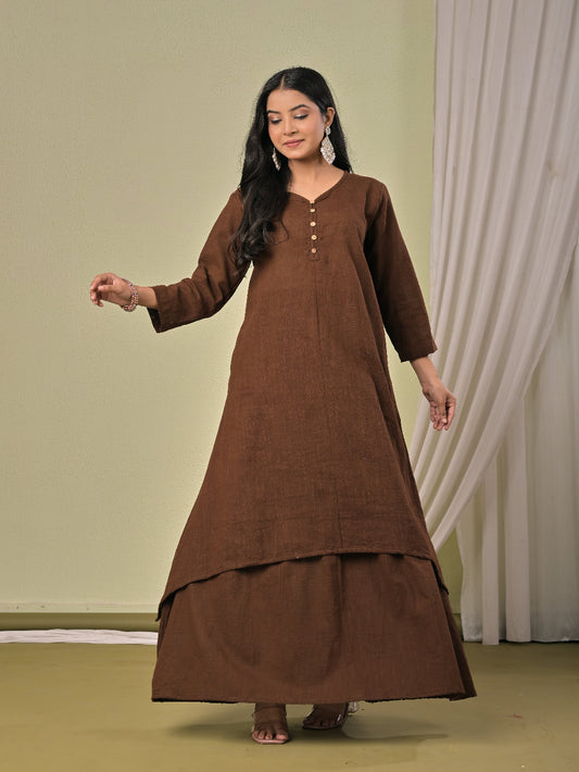 Coffee Brown pure cotton double-layer dress. It comes with a long skirt below the ankle and an asymmetric overlay dress on top. It has two pockets