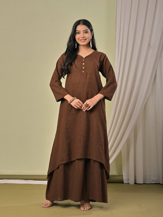 Coffee Brown pure cotton double-layer dress. It comes with a long skirt below the ankle and an asymmetric overlay dress on top. It has two pockets