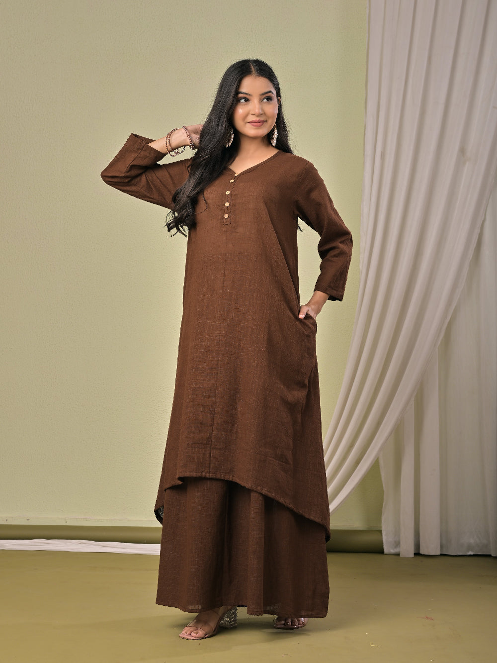 Coffee Brown pure cotton double-layer dress. It comes with a long skirt below the ankle and an asymmetric overlay dress on top. It has two pockets
