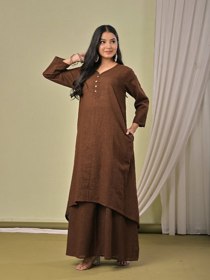 Coffee Brown pure cotton double-layer dress. It comes with a long skirt below the ankle and an asymmetric overlay dress on top. It has two pockets