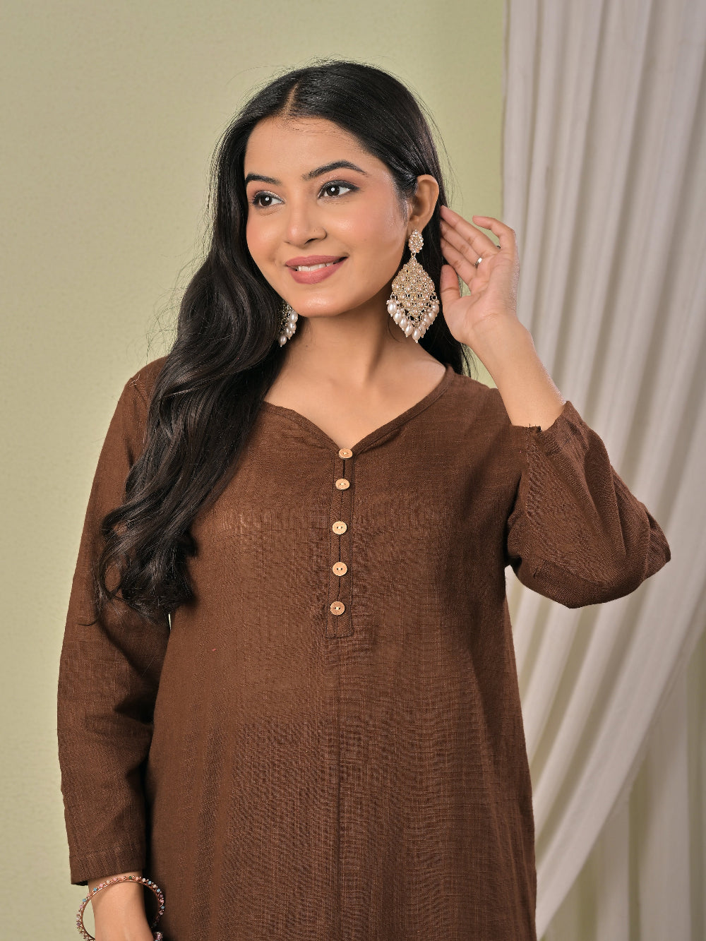 Coffee Brown pure cotton double-layer dress. It comes with a long skirt below the ankle and an asymmetric overlay dress on top. It has two pockets