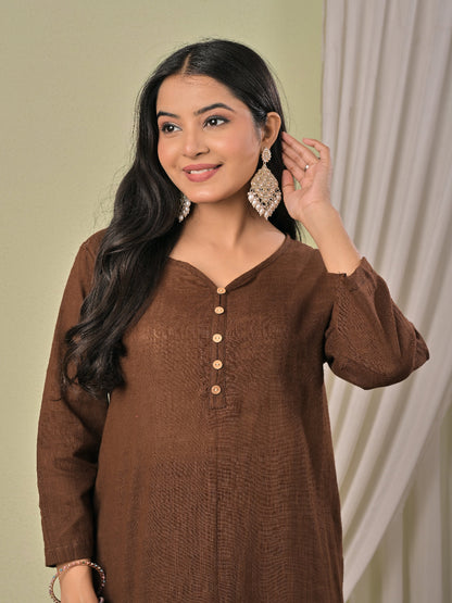 Coffee Brown pure cotton double-layer dress. It comes with a long skirt below the ankle and an asymmetric overlay dress on top. It has two pockets