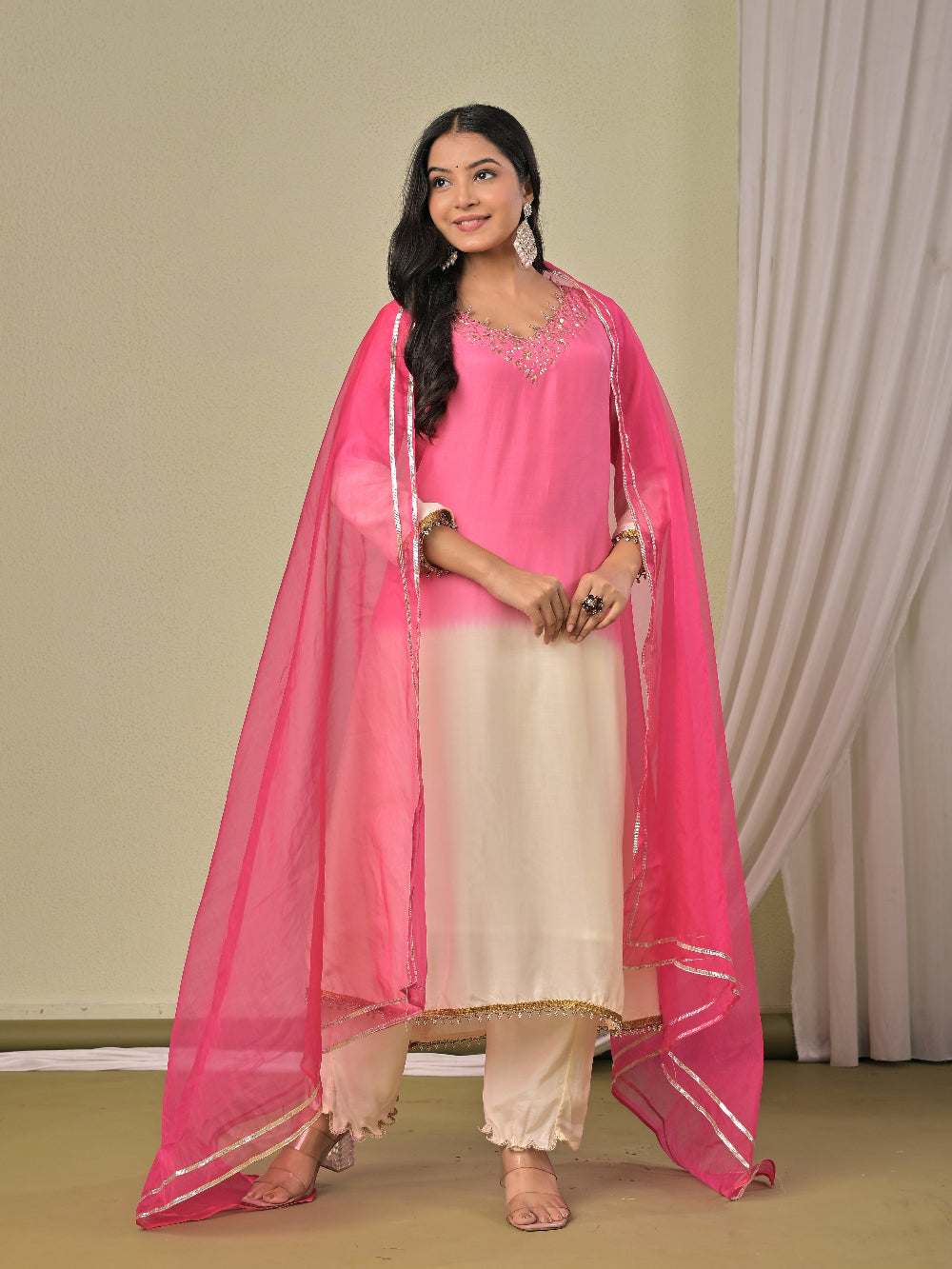 Pink ombre Muslin Silk kurta set with dupatta