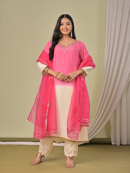 Pink ombre Muslin Silk kurta set with dupatta