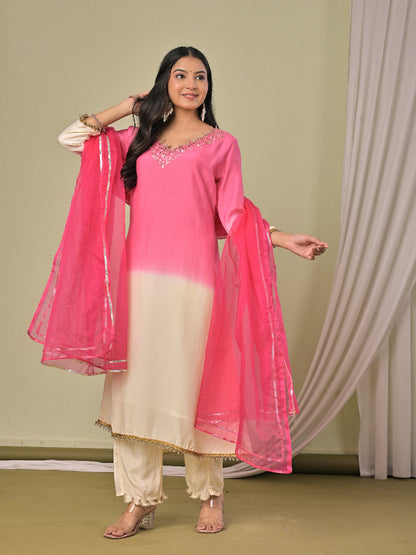Pink ombre Muslin Silk kurta set with dupatta