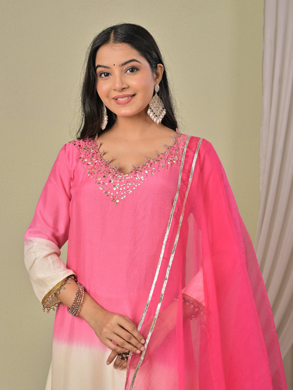 Pink ombre Muslin Silk kurta set with dupatta