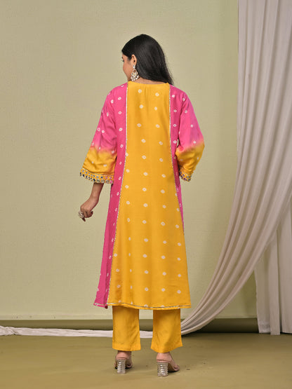 Pink Yellow hand bandhej  Muslin Silk aline kurta with pant and dupatta