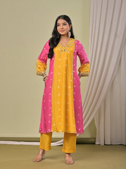 Pink Yellow hand bandhej  Muslin Silk aline kurta with pant and dupatta