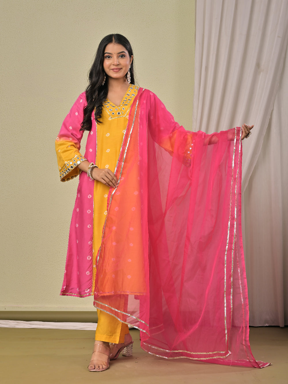 Pink Yellow hand bandhej  Muslin Silk aline kurta with pant and dupatta