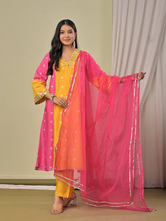 Pink Yellow hand bandhej  Muslin Silk aline kurta with pant and dupatta
