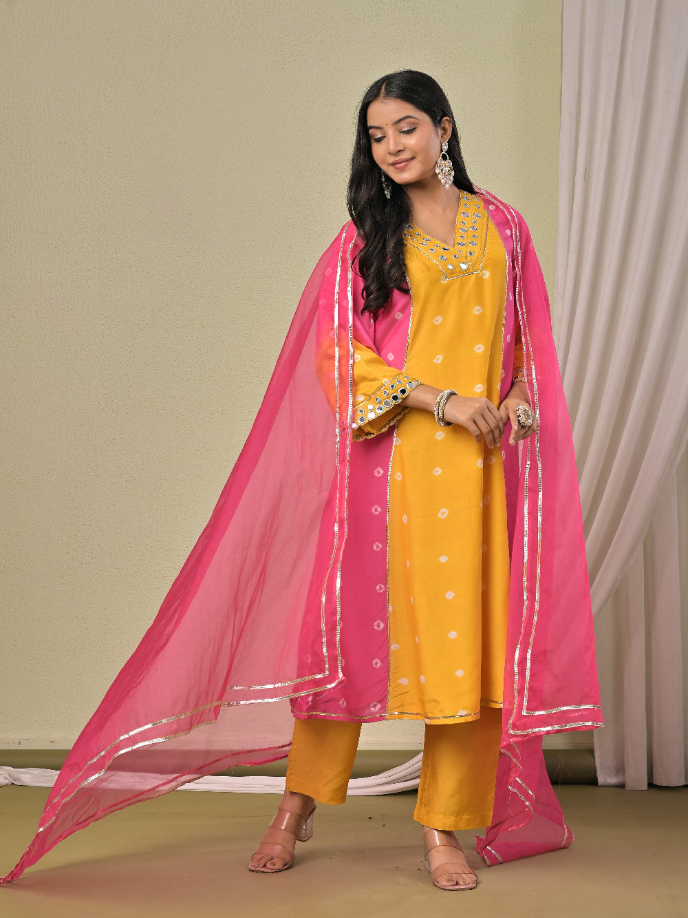 Pink Yellow hand bandhej  Muslin Silk aline kurta with pant and dupatta