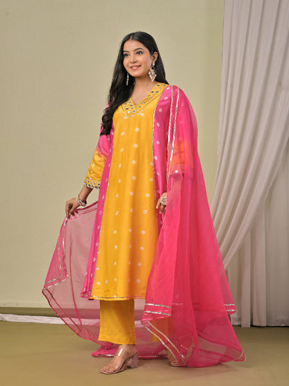 Pink Yellow hand bandhej  Muslin Silk aline kurta with pant and dupatta