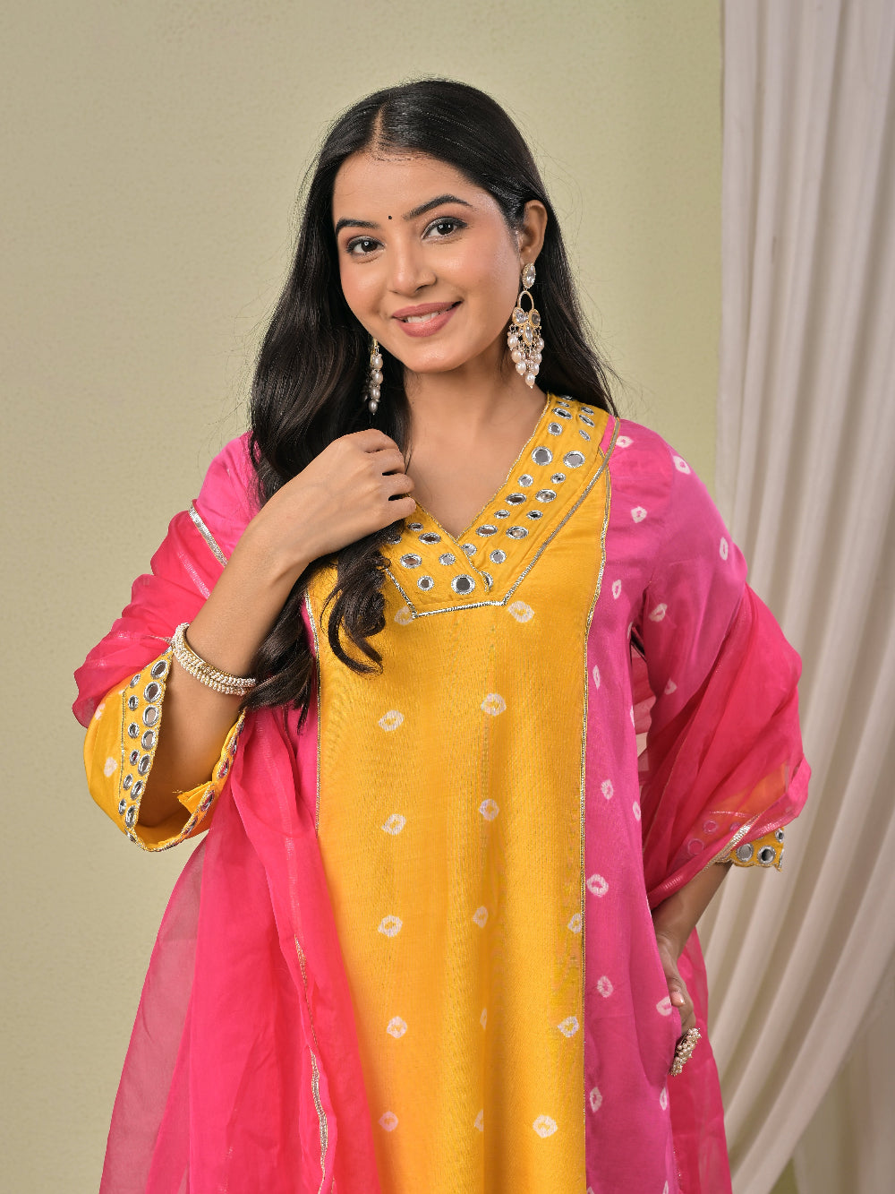 Pink Yellow hand bandhej  Muslin Silk aline kurta with pant and dupatta