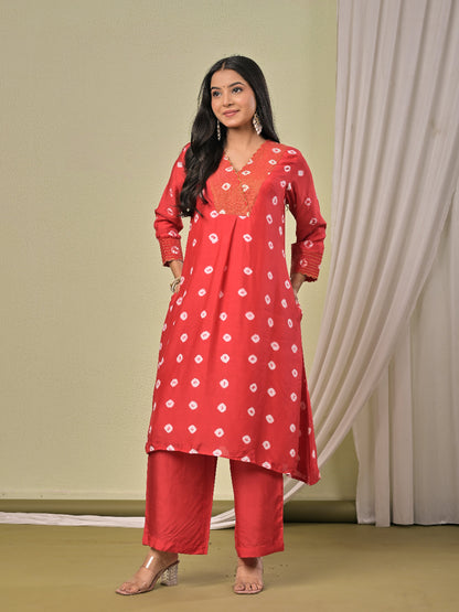 Red hand bandhej  Muslin Silk Kurta set with organza dupatta