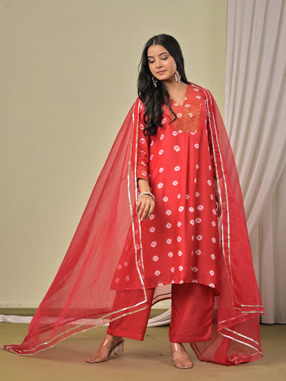 Red hand bandhej  Muslin Silk Kurta set with organza dupatta