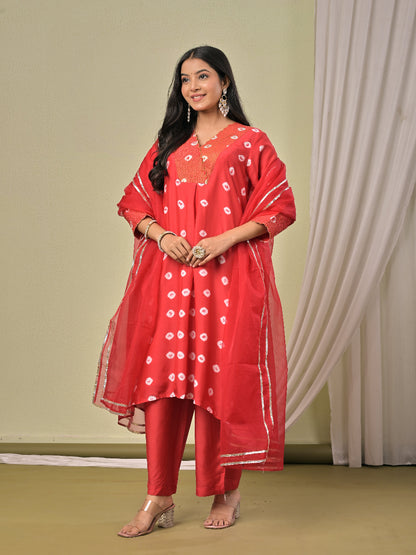 Red hand bandhej  Muslin Silk Kurta set with organza dupatta