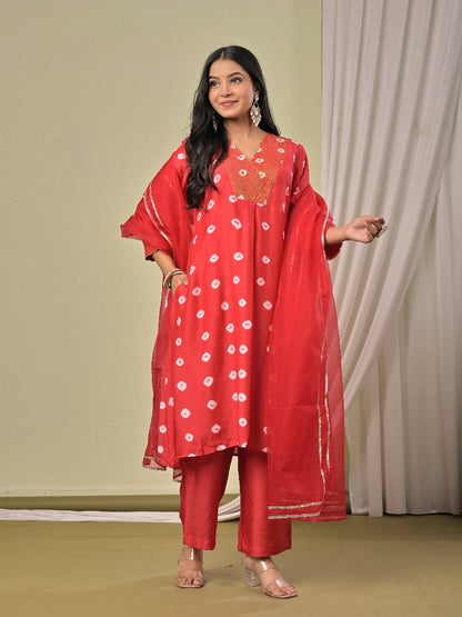 Red hand bandhej  Muslin Silk Kurta set with organza dupatta