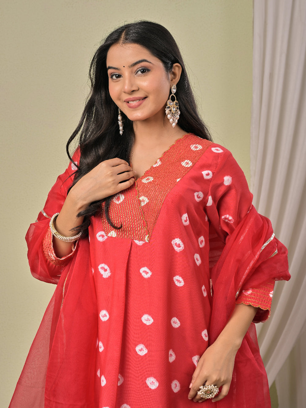 Red hand bandhej  Muslin Silk Kurta set with organza dupatta