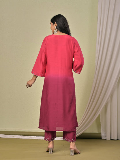 Pink Wine Ombre Mirror work  Muslin Silk Kurta set with organza dupatta