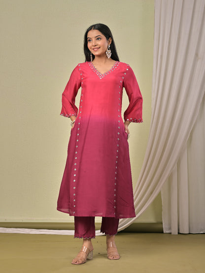 Pink Wine Ombre Mirror work  Muslin Silk Kurta set with organza dupatta