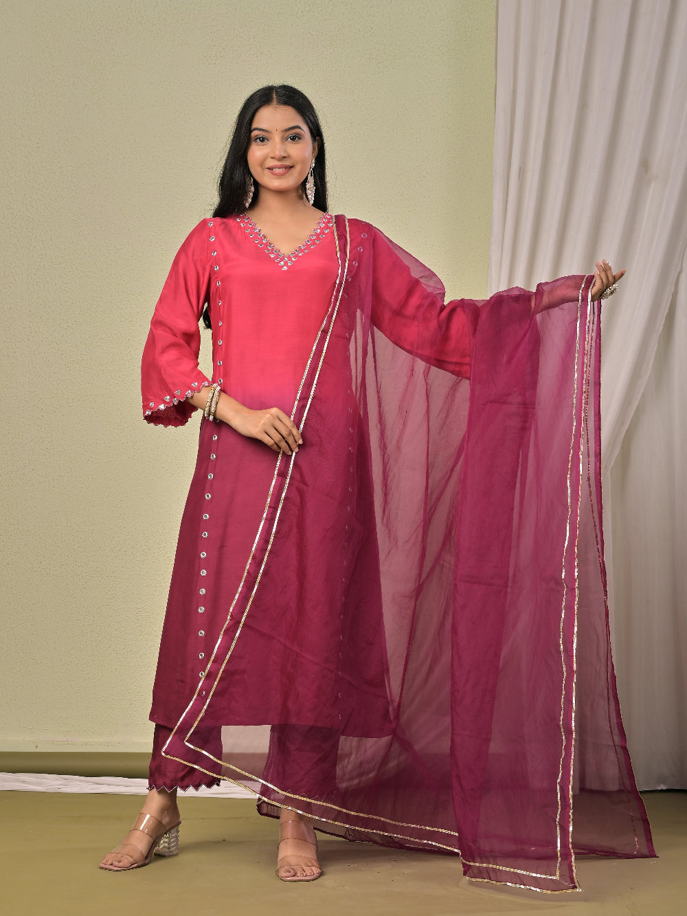 Pink Wine Ombre Mirror work  Muslin Silk Kurta set with organza dupatta