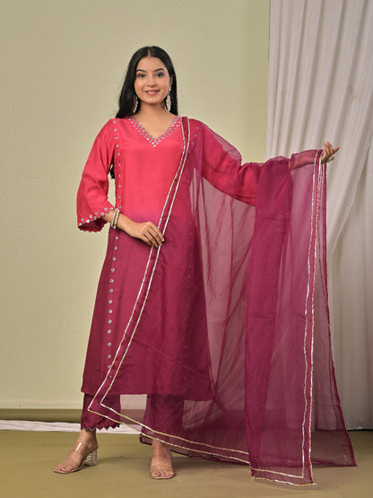 Pink Wine Ombre Mirror work  Muslin Silk Kurta set with organza dupatta