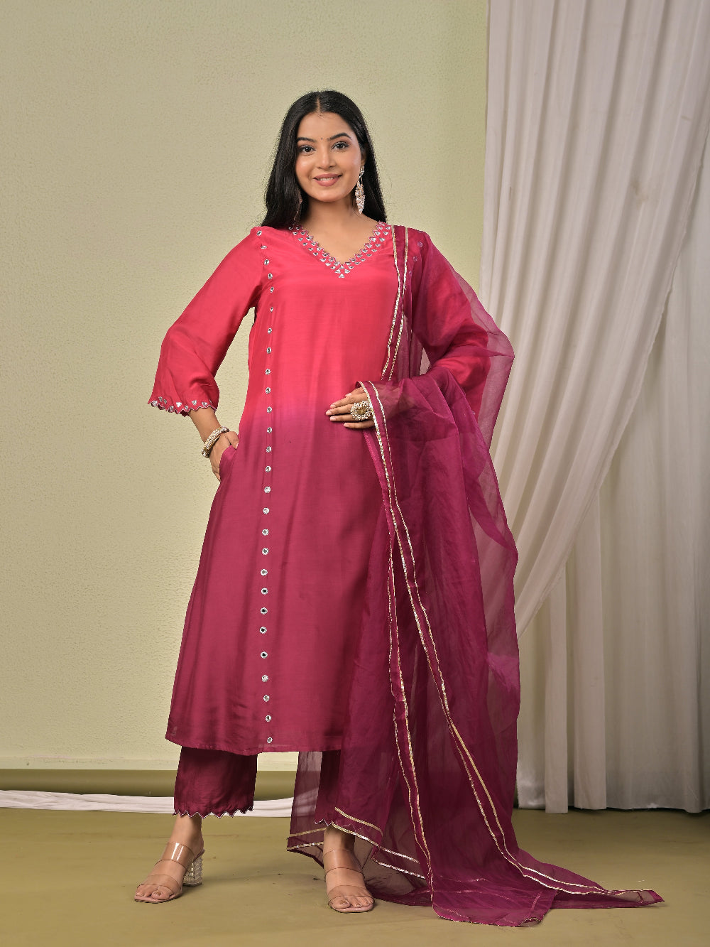 Pink Wine Ombre Mirror work  Muslin Silk Kurta set with organza dupatta