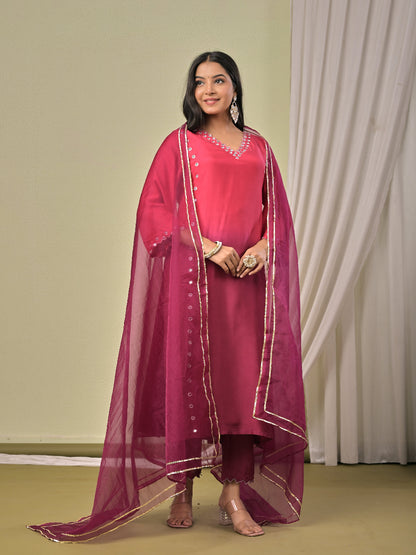 Pink Wine Ombre Mirror work  Muslin Silk Kurta set with organza dupatta