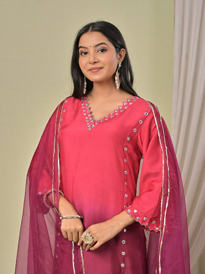 Pink Wine Ombre Mirror work  Muslin Silk Kurta set with organza dupatta
