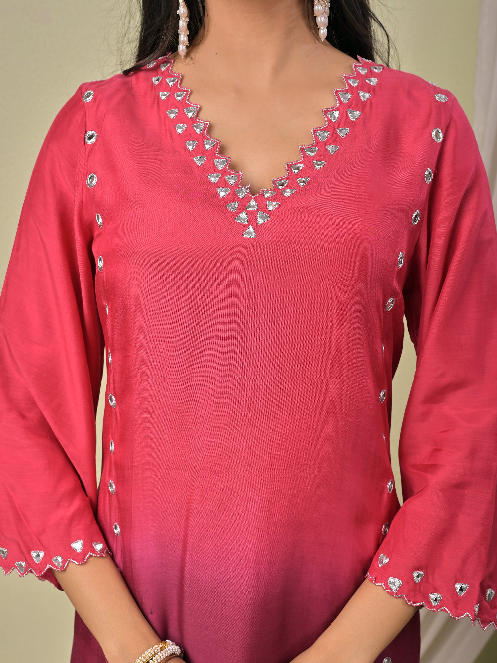 Pink Wine Ombre Mirror work  Muslin Silk Kurta set with organza dupatta