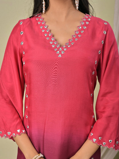 Pink Wine Ombre Mirror work  Muslin Silk Kurta set with organza dupatta