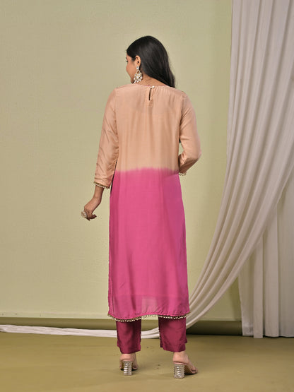 Beige Wine Ombre Hand work  Muslin Silk Kurta set with organza dupatta