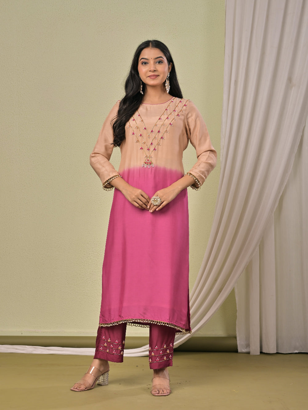 Beige Wine Ombre Hand work  Muslin Silk Kurta set with organza dupatta