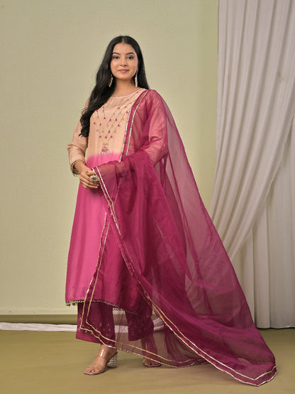 Beige Wine Ombre Hand work  Muslin Silk Kurta set with organza dupatta