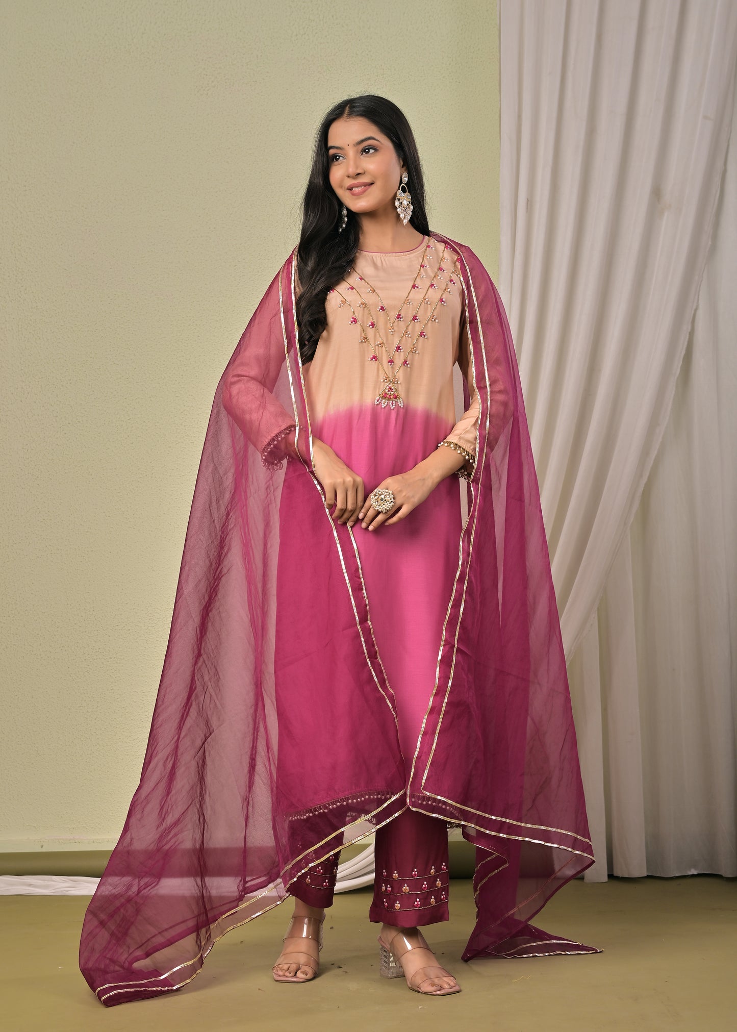 Beige Wine Ombre Hand work  Muslin Silk Kurta set with organza dupatta