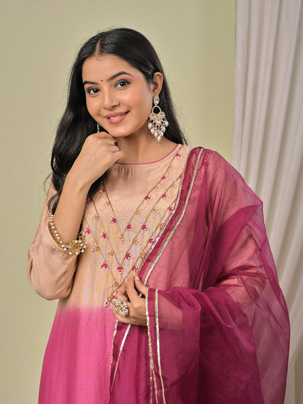 Beige Wine Ombre Hand work  Muslin Silk Kurta set with organza dupatta