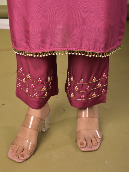 Beige Wine Ombre Hand work  Muslin Silk Kurta set with organza dupatta