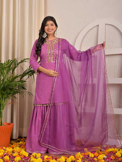 Sequence hand work Purple Lace sharara set with organza dupatta