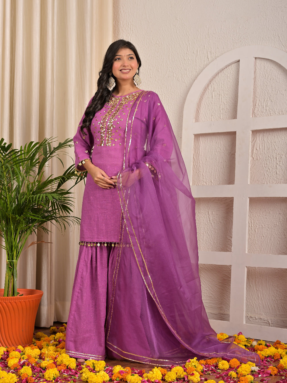 Sequence hand work Purple Lace sharara set with organza dupatta