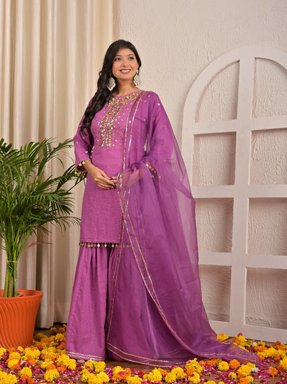 Sequence hand work Purple Lace sharara set with organza dupatta