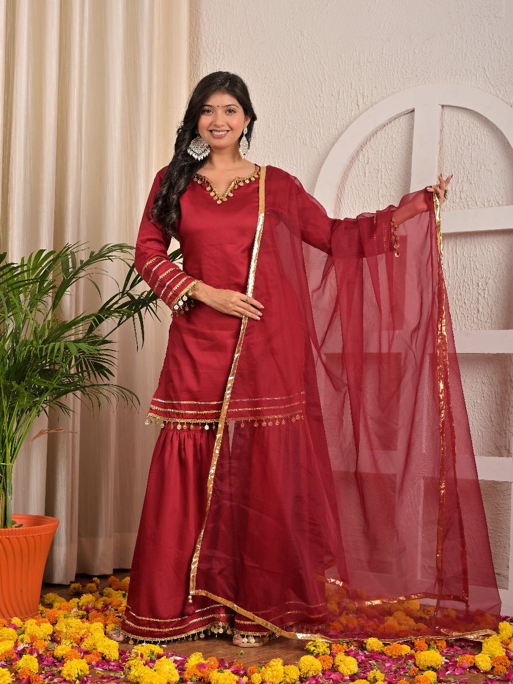 Maroon Lace sharara set with organza dupatta