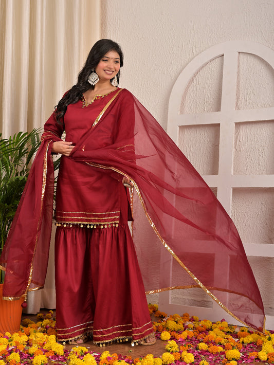 Maroon Lace sharara set with organza dupatta